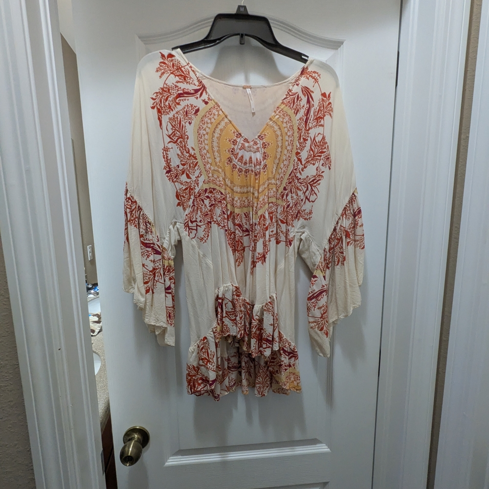 Free People Cream Tunic with Rust Floral and Yellow Medallion